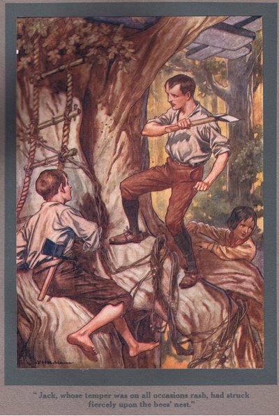 Jack, aki minden alkalommal meggondolatlanul viselkedett, hevesen nekiesett a méhfészeknek (színes litográfia). alkotó: Thomas Heath Robinson