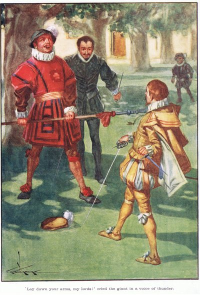 "Tegyétek le a fegyvert, uraim!" - kiáltotta az óriás mennydörgő hangon (színes litográfia). alkotó: Thomas Heath Robinson