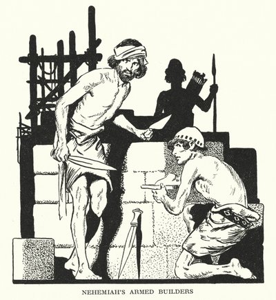 Nehémiás fegyveres építői (litográfia) alkotó: Thomas Heath Robinson