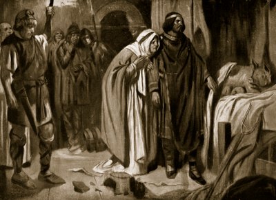 Ethelburga királynő meggyőzi Ine of Wessexet, hogy mondjon le a koronáról, 728, illusztráció a "Hutchinson