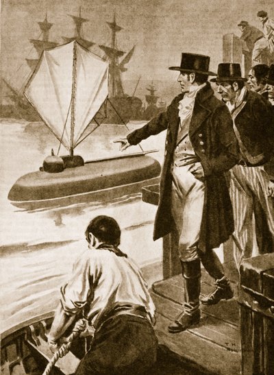 Robert Fulton Franciaországban a Nautilus nevű tengeralattjáróját mutatja be működés közben (litográfia) alkotó: Thomas Heath Robinson