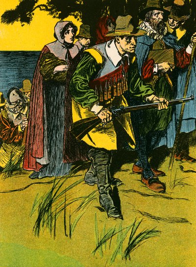 A zarándok atyák bevonulnak az Újvilágba (színes lithó) alkotó: Thomas Heath Robinson