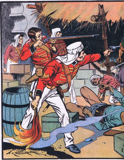 A magazin megsemmisítése Delhiben (színes lithó) alkotó: Thomas Heath Robinson