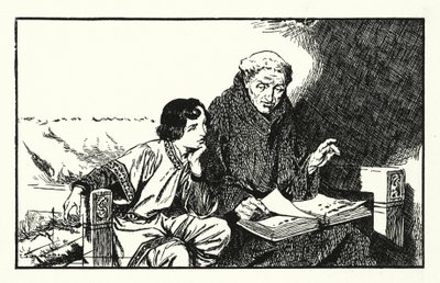 A leendő Alfréd király nevelése (litográfia) alkotó: Thomas Heath Robinson