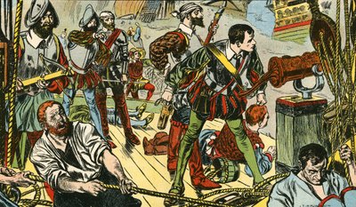 A kis "Revenge" harcol ötven spanyol gályával (színes litográfia) alkotó: Thomas Heath Robinson