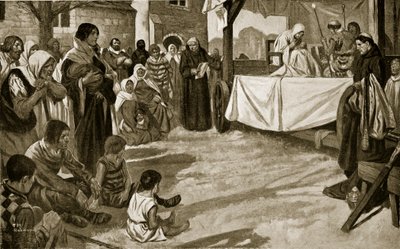 Egy korai misztériumjáték előadása, illusztráció a "Hutchinson