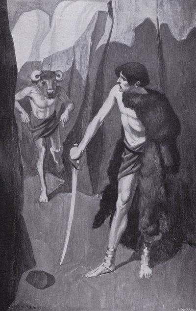Theseus találkozott a Minotaurusszal egy szűk szakadékban (litográfia) alkotó: Thomas Heath Robinson