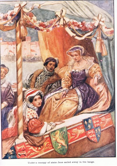 Az állami lombkorona alatt Jane elhajózott a bárkán (színes litográfia) alkotó: Thomas Heath Robinson