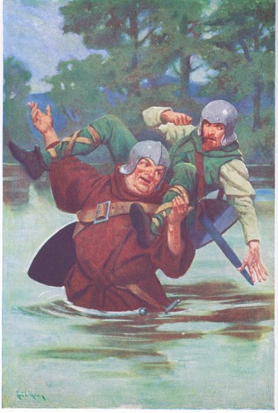 Hatalmas kezének egy rántásával a törvényen kívülit a patakba taszította (színes lithó). alkotó: Thomas Heath Robinson