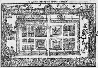 Az öntözés módja szivattyúval a csőben, a Kertész labirintusából, 1577 alkotó: Thomas Hill