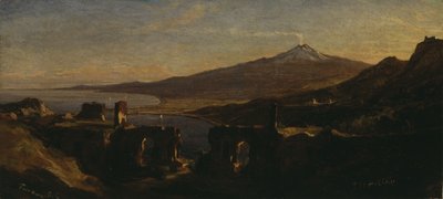 Kilátás a görög színház romjairól Taorminában, Szicíliában, az Etnával (dohányzó) alkotó: Thomas Hiram Hotchkiss