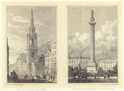 A Tron-templom, High Street; Lord Melville emlékműve, Szent András tér (metszet) alkotó: Thomas Hosmer (after) Shepherd