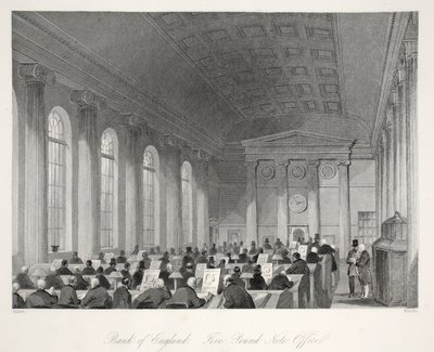 Bank of England – Ötfontos bankjegyiroda, a „London Interiors with their Costumes and Ceremonies” pubból. Joseph Mead, London, 1843 körül (acélmetszet) alkotó: Thomas Hosmer Shepherd