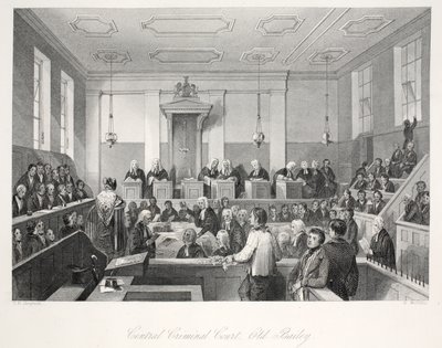 Központi büntetőbíróság az Old Bailey-ben, a "London Interiors with their Costumes and Ceremonies" pubból. Joseph Mead, London, 1843 körül (acélmetszet). alkotó: Thomas Hosmer Shepherd