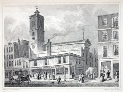 Szent Dionis templom, Backchurch, a "London és környéke a tizenkilencedik században" című kiadványból. Jones und Co., 1827-1829 alkotó: Thomas Hosmer Shepherd
