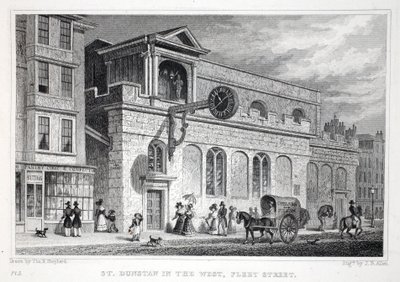 Szent Dunsztán-templom a Fleet Street nyugati részén, a "London és környéke a tizenkilencedik században" pubból. Jones und Co., 1827-1829 alkotó: Thomas Hosmer Shepherd