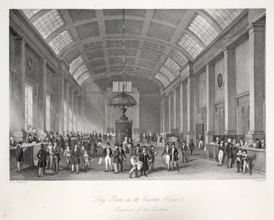 Long Room a Custom-House-ban, a „London Interiors a jelmezeikkel és szertartásaikkal” kocsmából. Joseph Mead, London, 1843 körül (acélmetszet) alkotó: Thomas Hosmer Shepherd