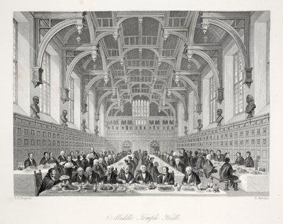 Middle Temple Hall, a "London Interiors with their Costumes and Ceremonies" pub. Joseph Mead, London, 1843 körül (acélmetszet). alkotó: Thomas Hosmer Shepherd