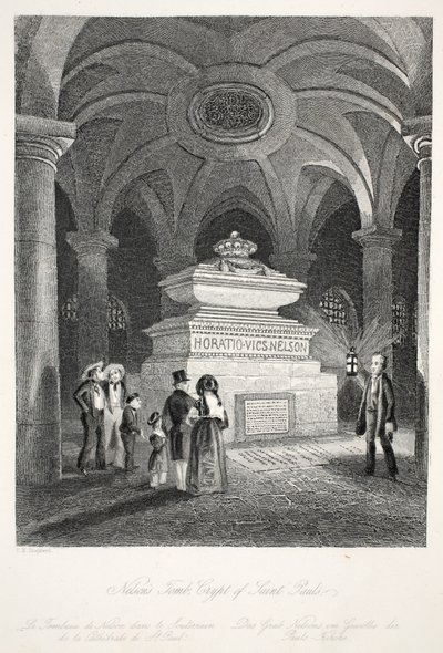 Nelson sírja a Szent Pál kriptában, a „London Interiors a jelmezeikkel és szertartásaikkal” kocsmából. Joseph Mead, London, 1843 körül (acélmetszet) alkotó: Thomas Hosmer Shepherd