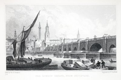 Old London Bridge, Southwarkból, a „London és környéke a tizenkilencedik században” pubból. Jones und Co., 1827-1829 alkotó: Thomas Hosmer Shepherd