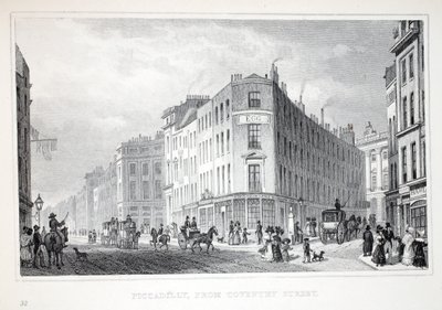 Piccadilly, a Coventry Streetről, a „London és környéke a tizenkilencedik században” kocsmából. Jones und Co., 1827-1829 alkotó: Thomas Hosmer Shepherd