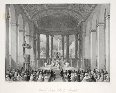 Római katolikus kápolna, Moorfields, a „London Interiors a jelmezeikkel és szertartásaikkal” kocsmából. Joseph Mead, London, 1843 körül (acélmetszet) alkotó: Thomas Hosmer Shepherd