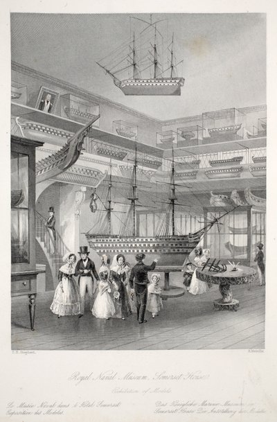 Royal Naval Museum, Somerset House, a „London Interiors with their Costumes and Ceremonies” kocsmából. Joseph Mead, London, 1843 körül (acélmetszet) alkotó: Thomas Hosmer Shepherd