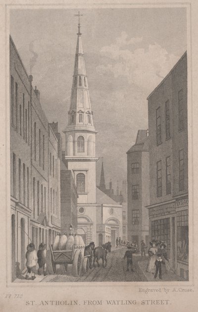 St. Antholin, a Watling Streetről, A. Cruse metszete, 1830 körül (metszet) alkotó: Thomas Hosmer Shepherd