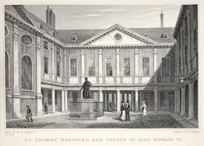 Szent Tamás Kórház és VI. Edward király szobra, a „London és környéke a tizenkilencedik században” kocsmából. Jones und Co., 1827-1829 alkotó: Thomas Hosmer Shepherd
