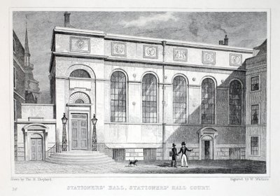 Stationers Hall, Stationers Hall Court, a „London and its Environs in the Nineteenth Century” kocsmából. Jones und Co., 1827-1829 alkotó: Thomas Hosmer Shepherd