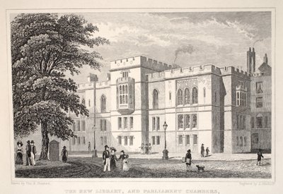 Az Új Könyvtár és a Parlament Háza a „London és környéke a tizenkilencedik században” kocsmából. Jones und Co., 1827-1829 alkotó: Thomas Hosmer Shepherd