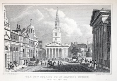 A Szent Márton-templom új megnyitása a Pall Mall Eastből, a „London és környéke a tizenkilencedik században” kocsmából. Jones und Co., 1827-1829 alkotó: Thomas Hosmer Shepherd