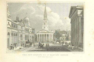 A Szent Márton-templom új nyílása a Pall Mall East felől, a „Metropolitan Improvements” kínálatából alkotó: Thomas Hosmer Shepherd