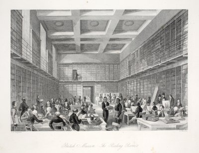 A British Museum olvasóterme és könyvtára a „London Interiors with their Costumes and Ceremonies” kocsmából. Joseph Mead, London, 1843 körül (acélmetszet) alkotó: Thomas Hosmer Shepherd
