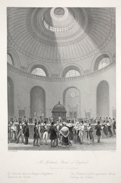 A Rotunda a Bank of England-ben, a „London Interiors with their Costumes and Ceremonies” kocsmából. Joseph Mead, London, 1843 körül (acélmetszet) alkotó: Thomas Hosmer Shepherd