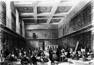 A British Museum hatodik olvasóterme, megjelent a „London Interiors”-ban, 1841 (metszet) alkotó: Thomas Hosmer Shepherd