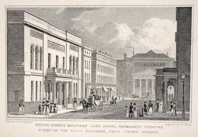 United Service Military Club House, Haymarket Színház és az Opera Colonnade egy része a Regent Street felől, a „London and it