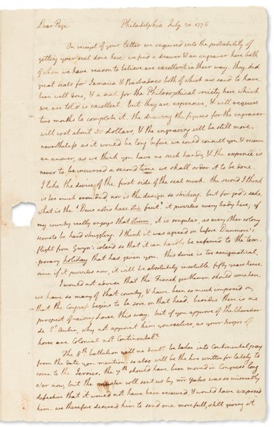 Autogramlevél John Page-nek, Philadelphia, 1776. július 30 alkotó: Thomas Jefferson