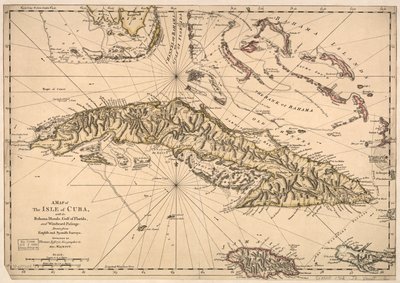 Kuba szigetének térképe, a Bahama-szigetekkel, a Floridai-öböl és a Szél felőli átjáróval - angol és spanyol felmérések alapján. LOC 73697703 alkotó: Thomas Jefferys