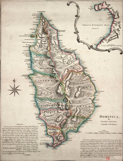 Dominika színes térképe részletes földrajzi megfigyelésekkel, 1760 körül (kézi színes metszet) alkotó: Thomas Jefferys