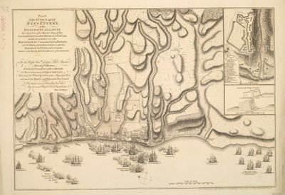 A GUADALOUPE SZIGETÉN lévő BASSETERRE elleni TÁMADÁS TERVE Őfelsége hadihajóinak egy, MOORE parancsnok által 1759. január 22-én parancsnokolt hajórajával, valamint a HOPSON tábornok által parancsnokolt BRIT ARMY és a FRANCIA INTRENCHME Támadásai. alkotó: Thomas Jefferys