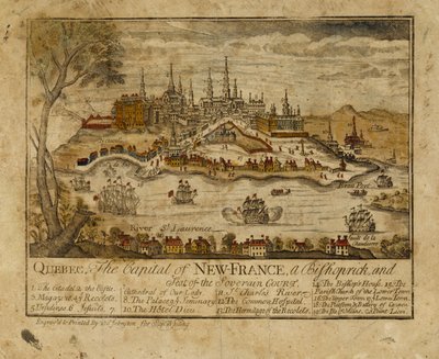 Quebec, Új-Franciaország fővárosa, püspökség és a Soverain udvar székhelye, 1759 (kézzel színezett metszet) alkotó: Thomas Johnston