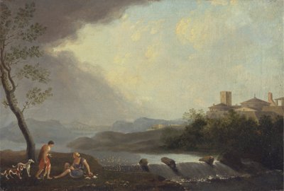 Képzeletbeli olasz táj klasszikus figurákkal és vízeséssel alkotó: Thomas Jones