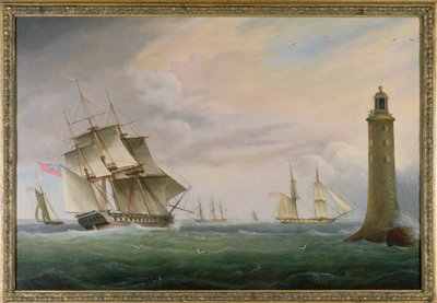 Egy fregatt és egy haditengerészeti brig elhaladva az Eddystone világítótorony mellett alkotó: Thomas L. Hornbrook