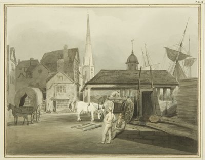 A King Street északkeleti vége, a walesi piac 1802-ben látható (akvarell papíron) alkotó: Thomas Leeson the Elder Rowbotham
