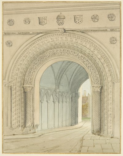 A College Gateway boltív északi nézete (ceruza és akvarell papíron) alkotó: Thomas Leeson the Elder Rowbotham