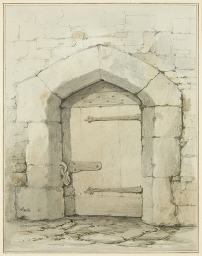 Régi boltív és ajtó a Tower Lane-ben, szemben a Szent János-templom Vestry-vel (ceruza és akvarell papíron) alkotó: Thomas Leeson the Elder Rowbotham