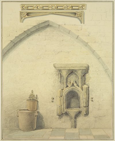 Piscina, Frieze és Spandrels a Temple Street 131 udvarán (ceruza és akvarell papíron) alkotó: Thomas Leeson the Elder Rowbotham