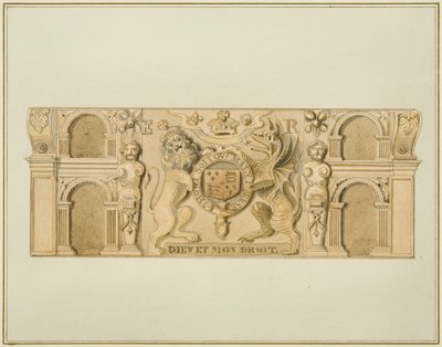 Erzsébet királynő karjai tölgyből, korábban egy házban a Clare Street délnyugati végén (akvarell papíron) alkotó: Thomas Leeson the Elder Rowbotham