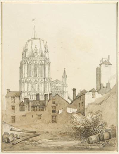 Redcliffe-templom és a Redcliffe-hegy egy része a Shot Tower-nel (akvarell papíron) alkotó: Thomas Leeson the Elder Rowbotham
